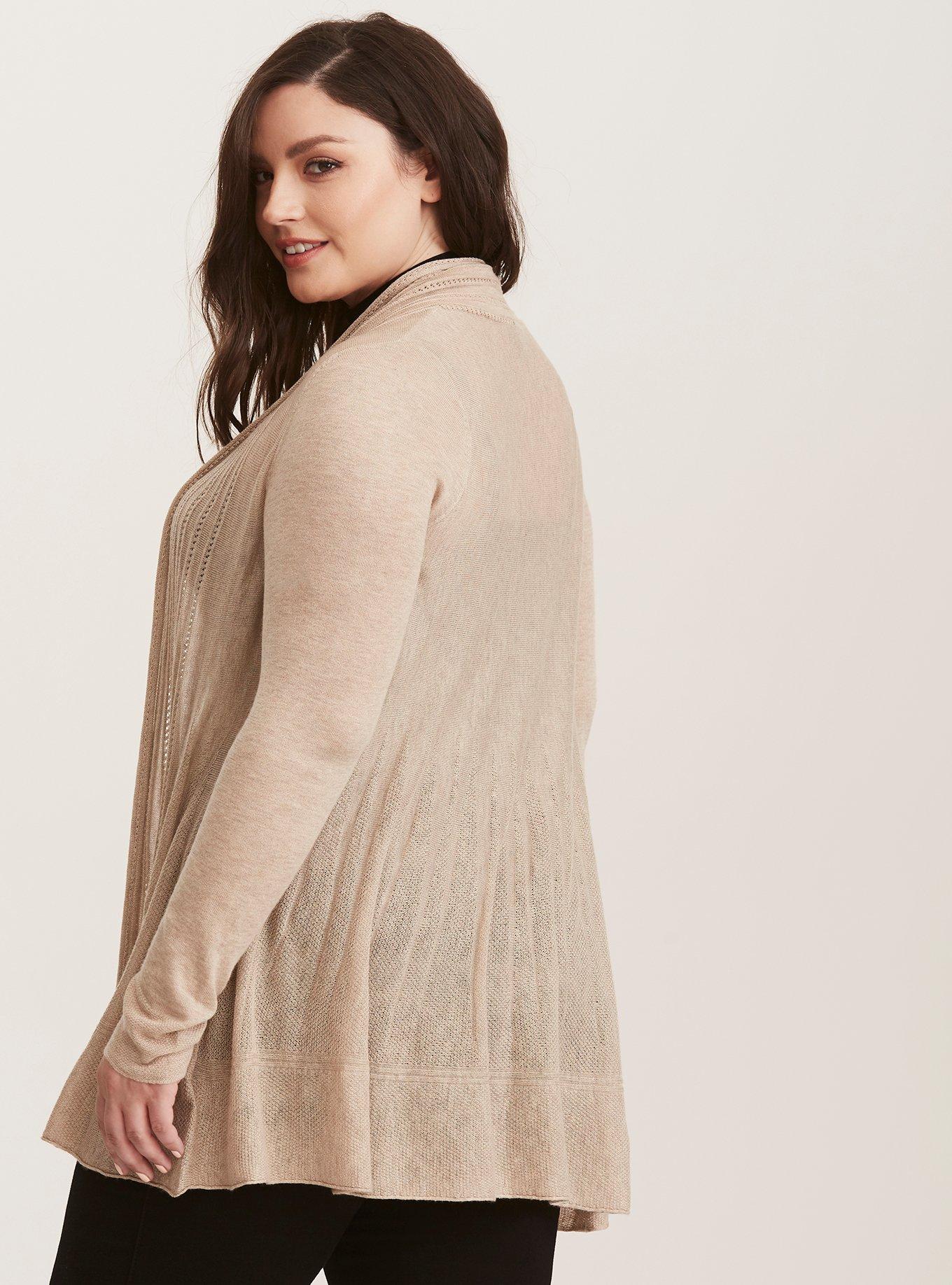 Plus Size Tan Pointelle Fit & Flare Open Cardigan, NONEC, alternate