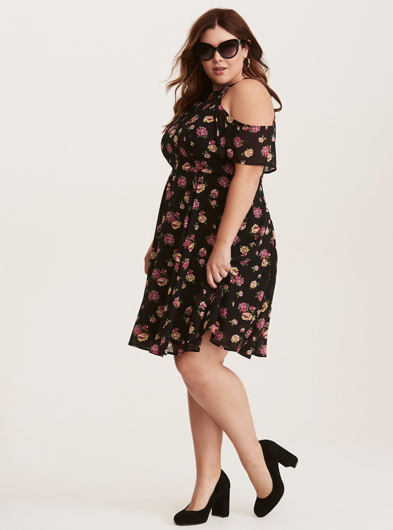 Plus Size - Multi-Color Floral Print Chiffon Cold Shoulder V-Neck Dress ...