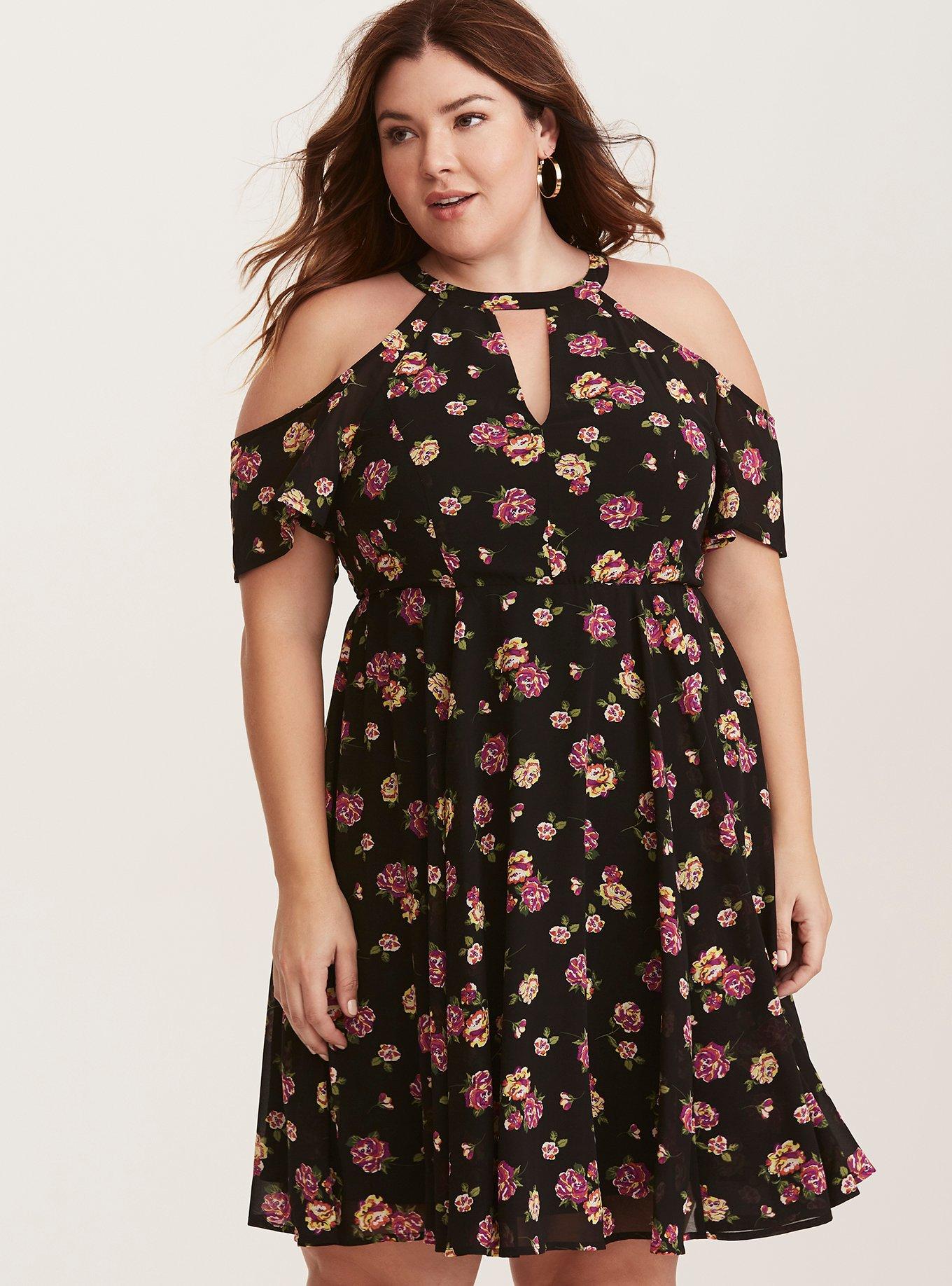 Plus Size - Multi-Color Floral Print Chiffon Cold Shoulder V-Neck Dress -  Torrid