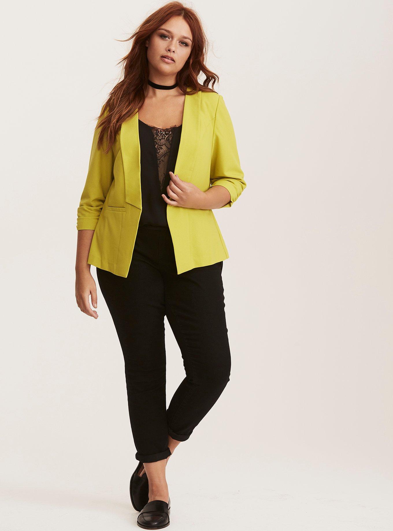Crepe Ruched Sleeve Blazer, CHARTREUSE, alternate