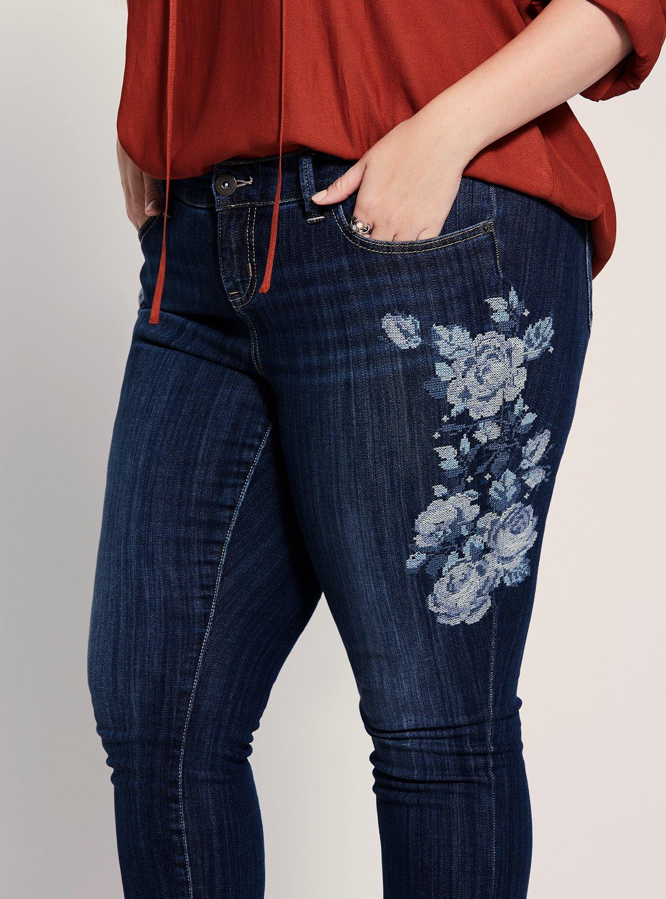 Plus Size Floral Embroidered Skinny Jean Dark Wash Torrid