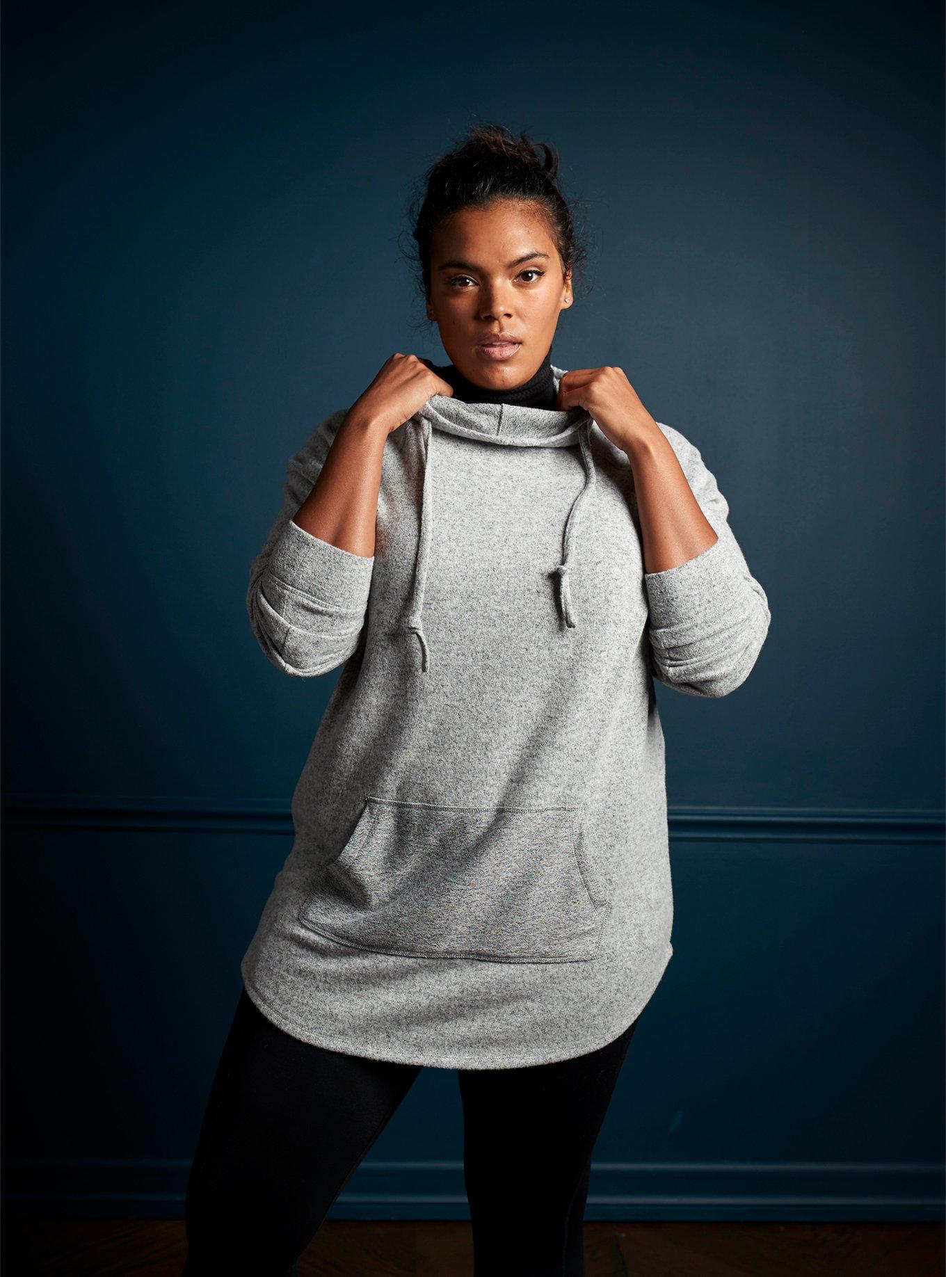 Plus Size Classic Fit Super Soft Plush Tunic Hoodie, HEATHER GREY, alternate