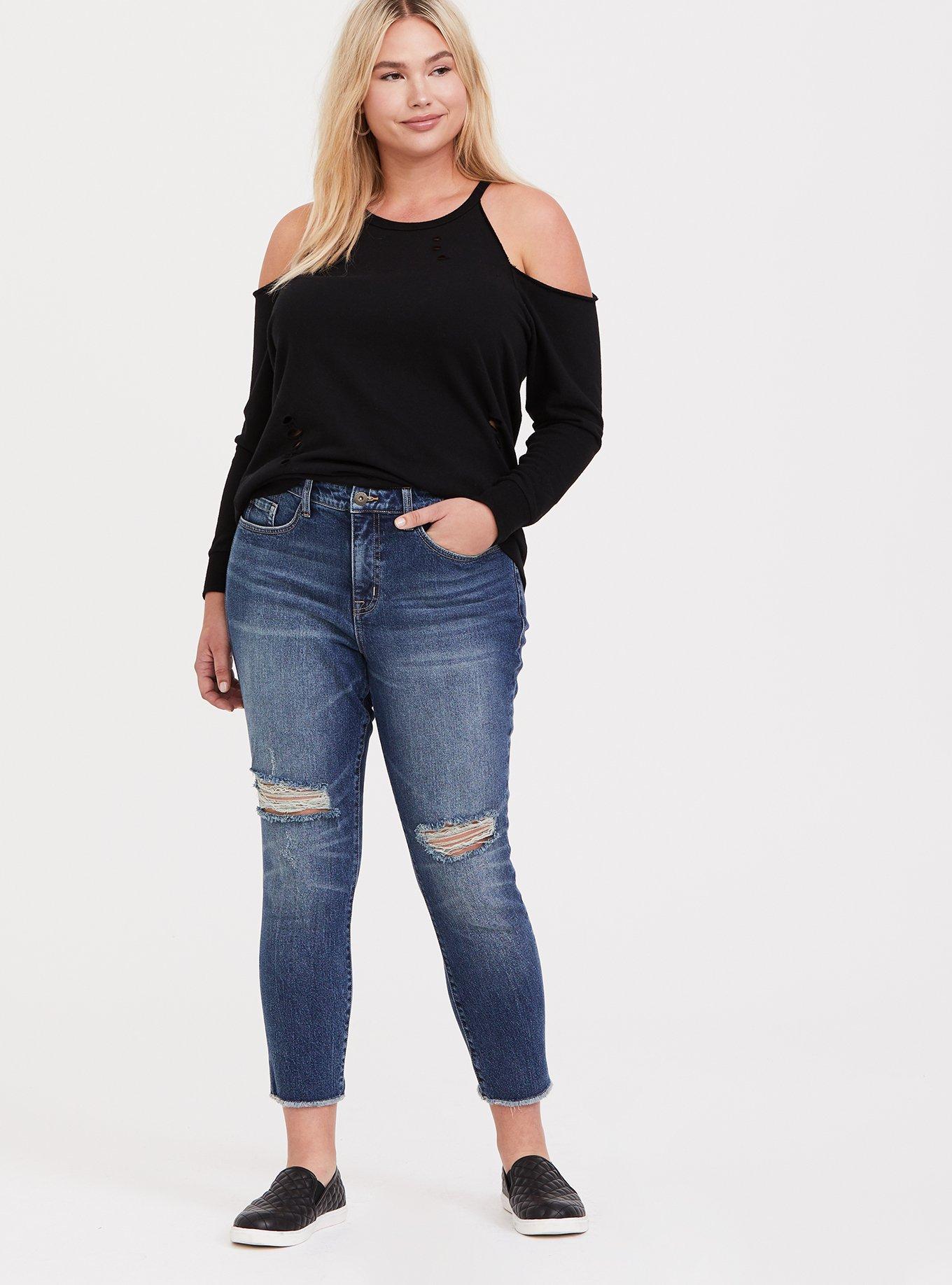 Lt Weight French Terry Cold Shoulder Destructed Sweatshirt, BLACK, alternate