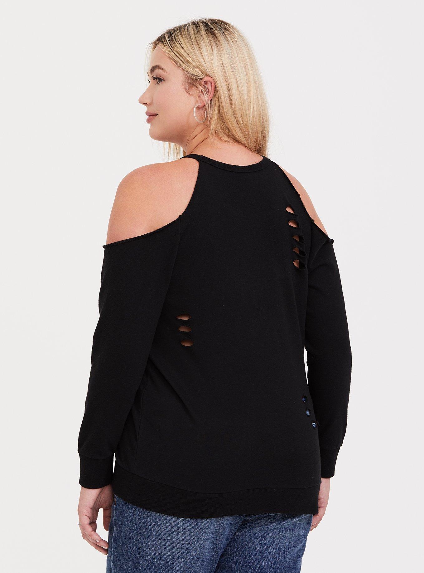 Lt Weight French Terry Cold Shoulder Destructed Sweatshirt, BLACK, alternate