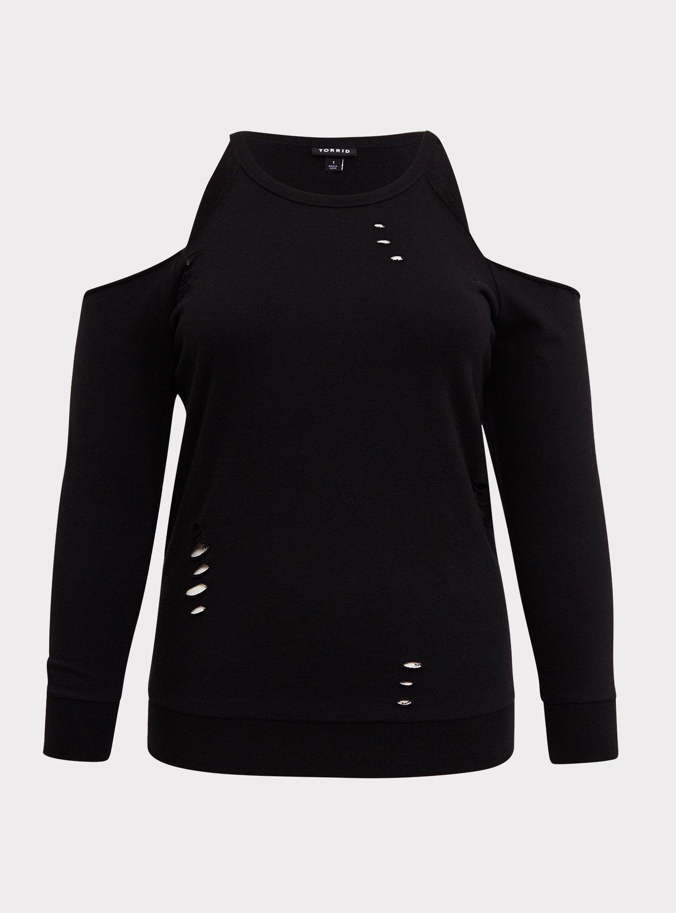 Plus Size Lt Weight French Terry Cold Shoulder Destructed - Main Image