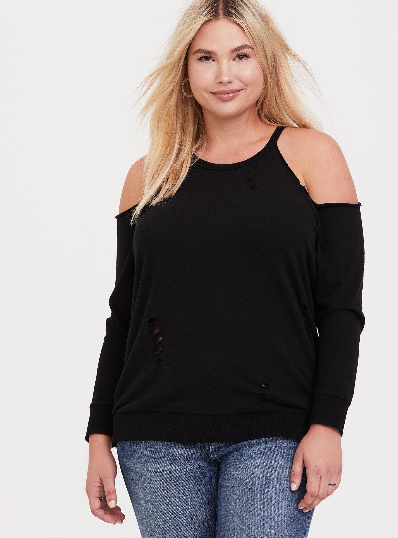 Lt Weight French Terry Cold Shoulder Destructed Sweatshirt, BLACK, hi-res