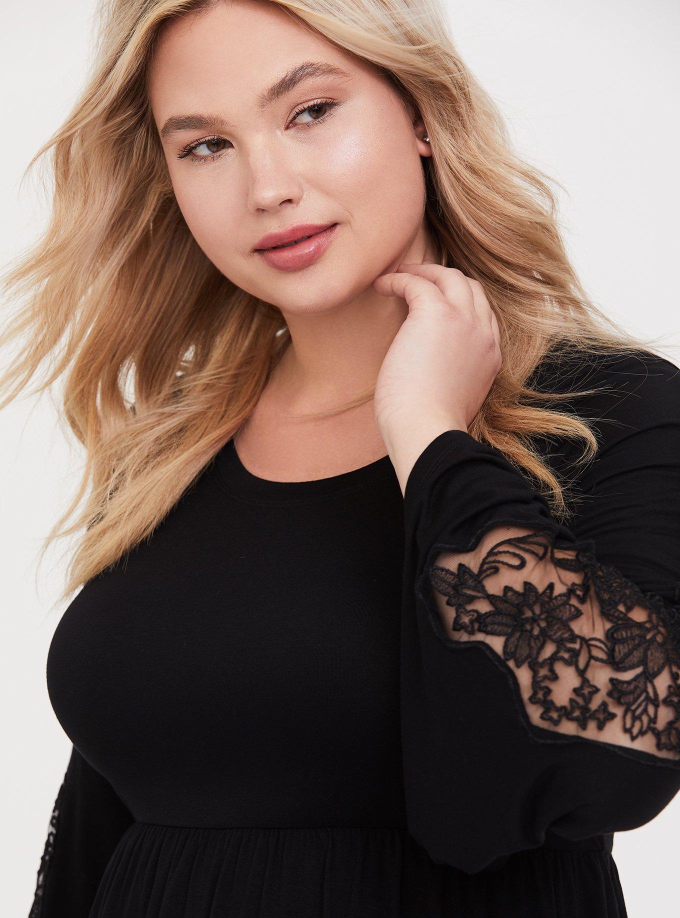 Babydoll Super Soft Scoop Neck Lace Bell Sleeve Tee, BLACK, alternate