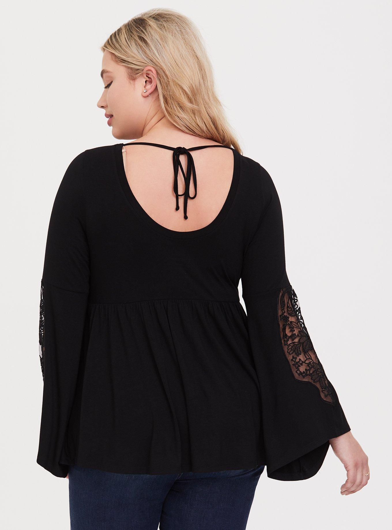 Babydoll Super Soft Scoop Neck Lace Bell Sleeve Tee, BLACK, alternate