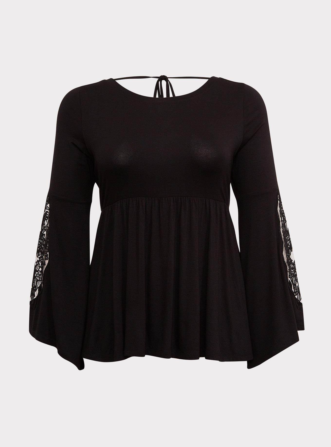 Babydoll Super Soft Scoop Neck Lace Bell Sleeve Tee, BLACK, hi-res