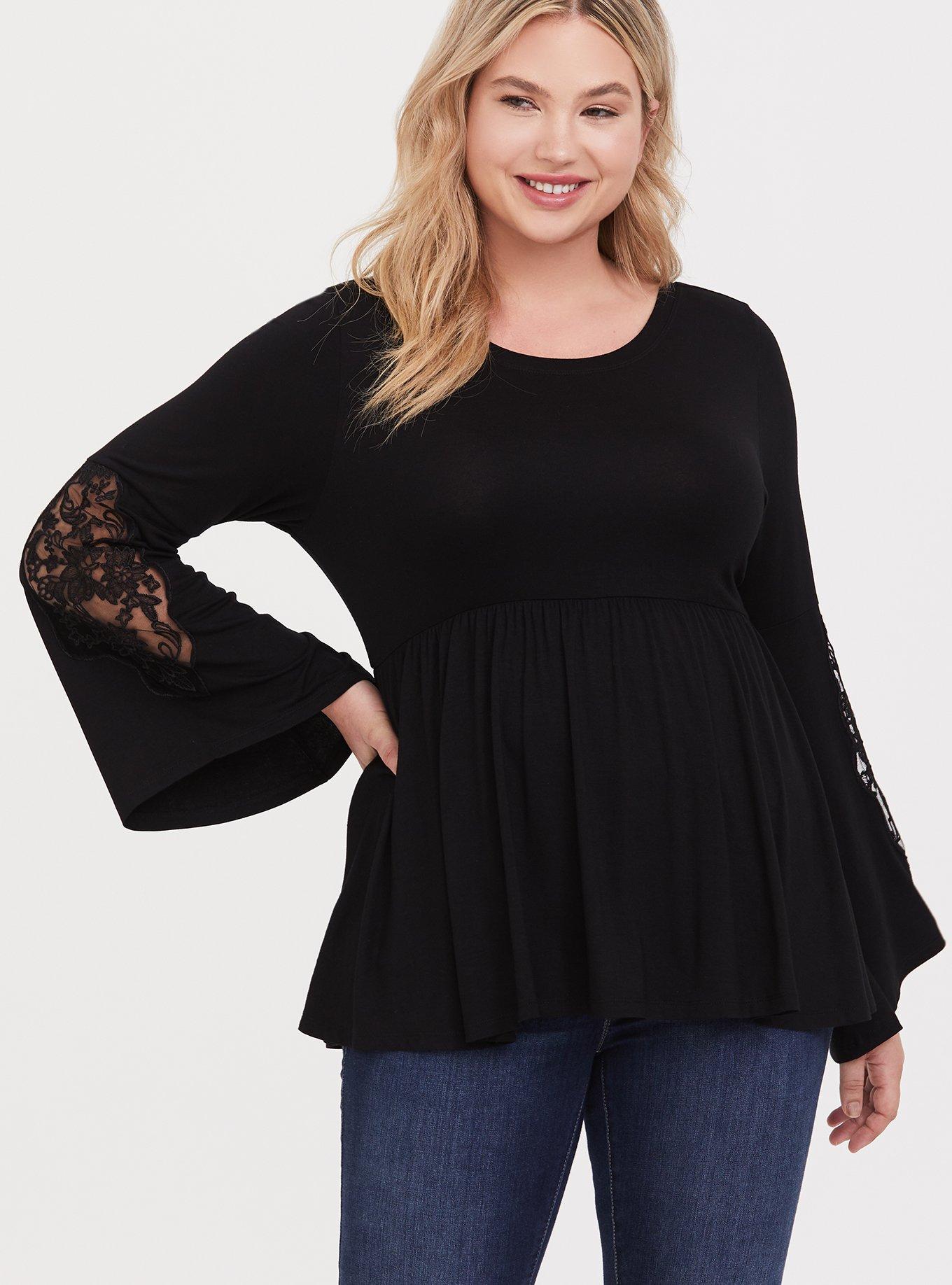 Babydoll Super Soft Scoop Neck Lace Bell Sleeve Tee, BLACK, hi-res