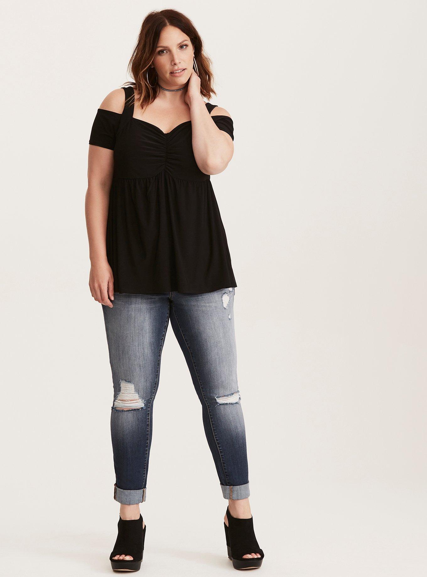 Plus Size Cinch Front Cold Shoulder Babydoll Top, DEEP BLACK, alternate