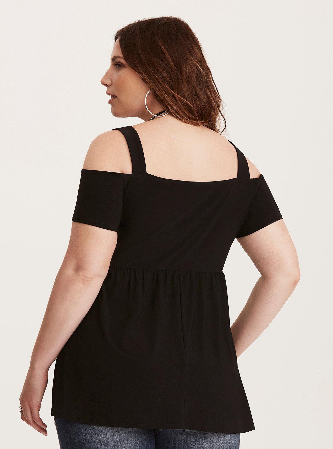 Plus Size Cinch Front Cold Shoulder Babydoll Top, DEEP BLACK, alternate