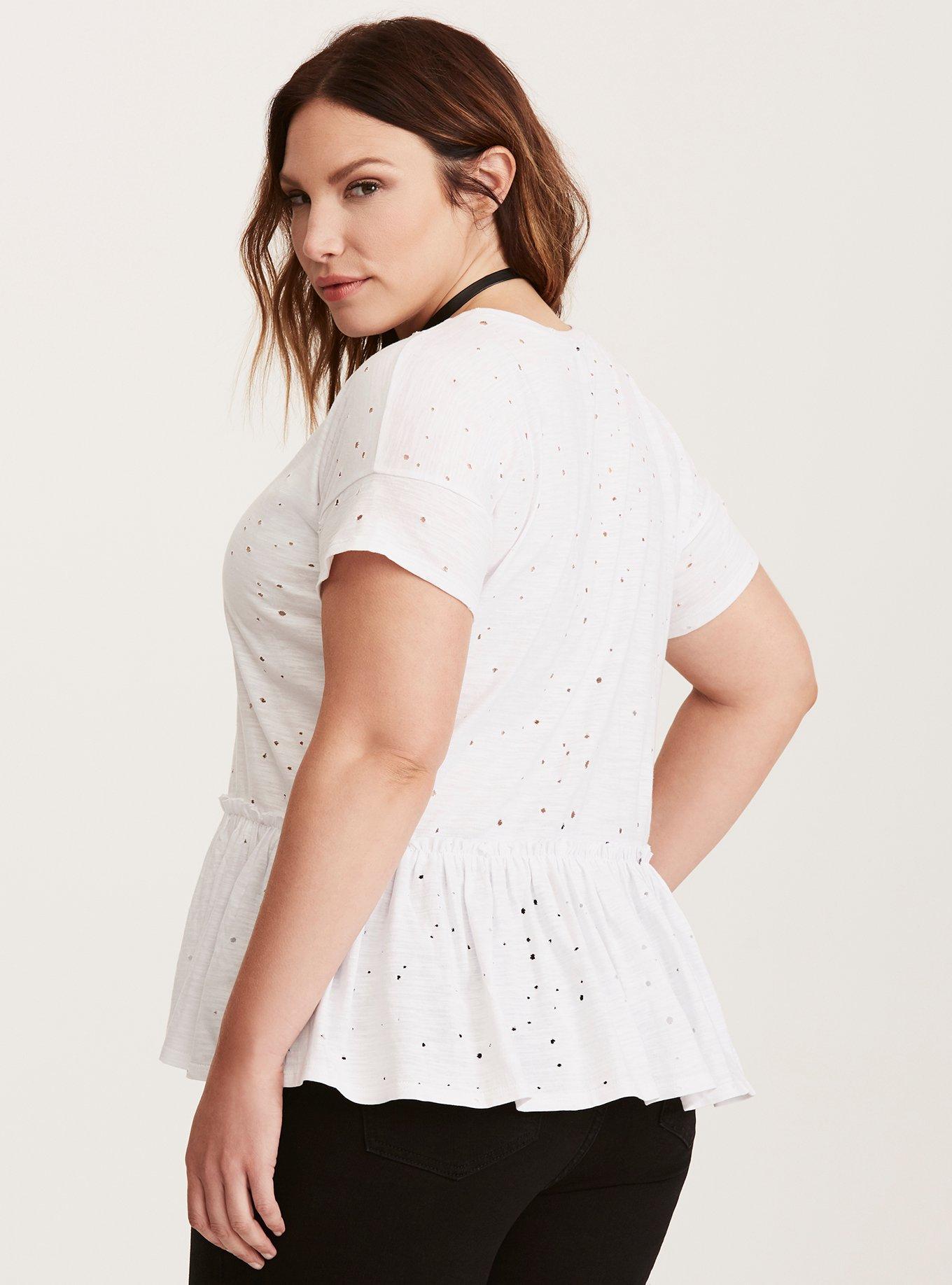 Plus Size Destructed Peplum Tee, CLOUD DANCER, alternate