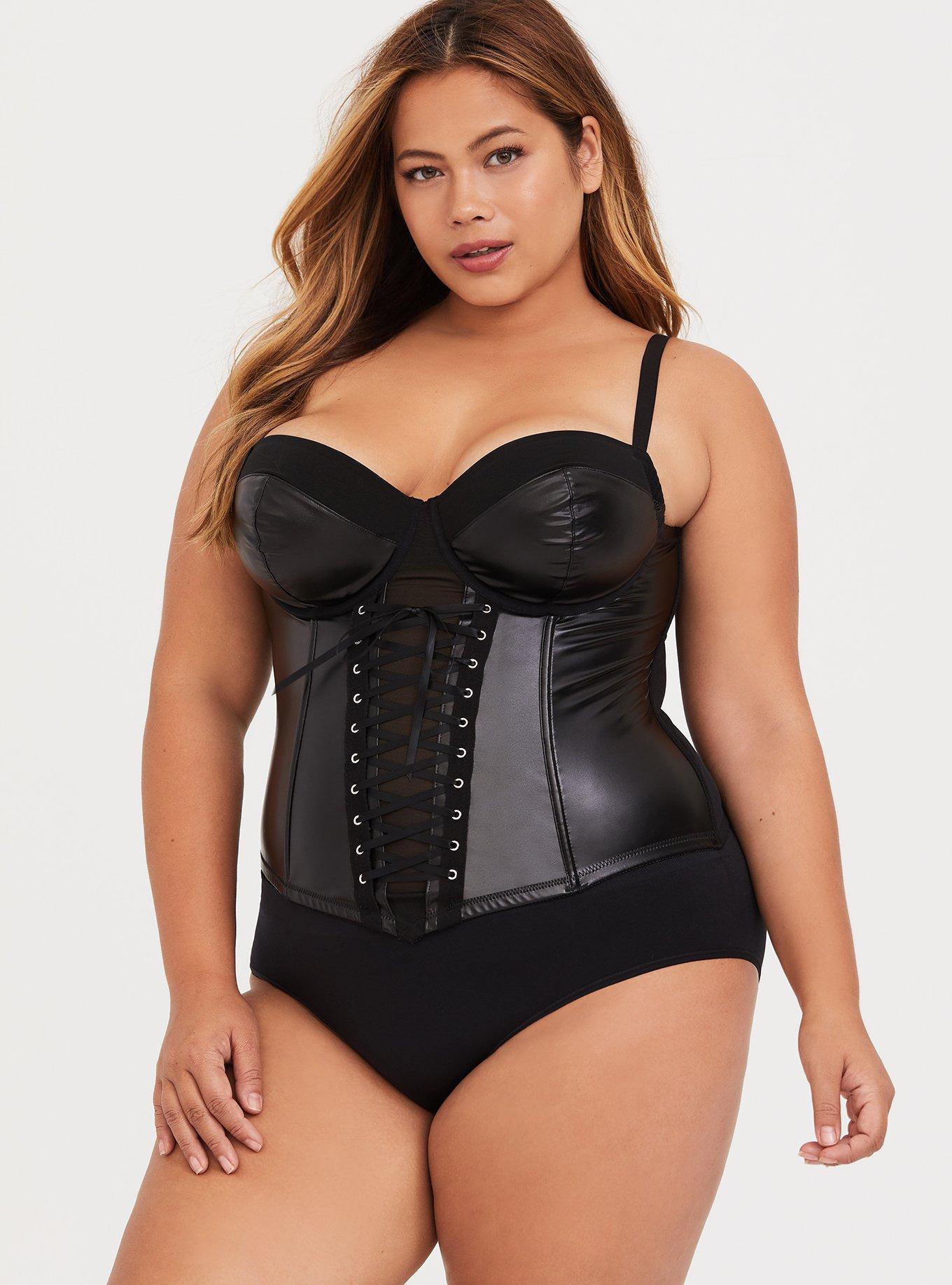 Women's Plus Size Corset Bustier Top With Thong Leather Lace