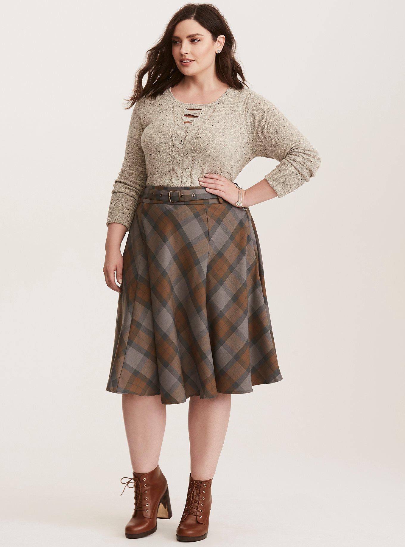 Plus size brown outlet plaid skirt