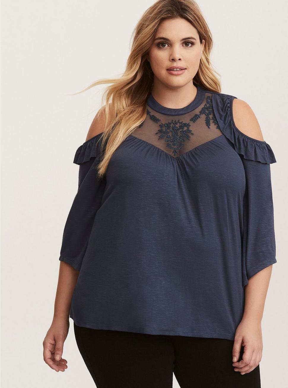 Plus Size - Lace Inset Ruffled Cold Shoulder Top - Torrid