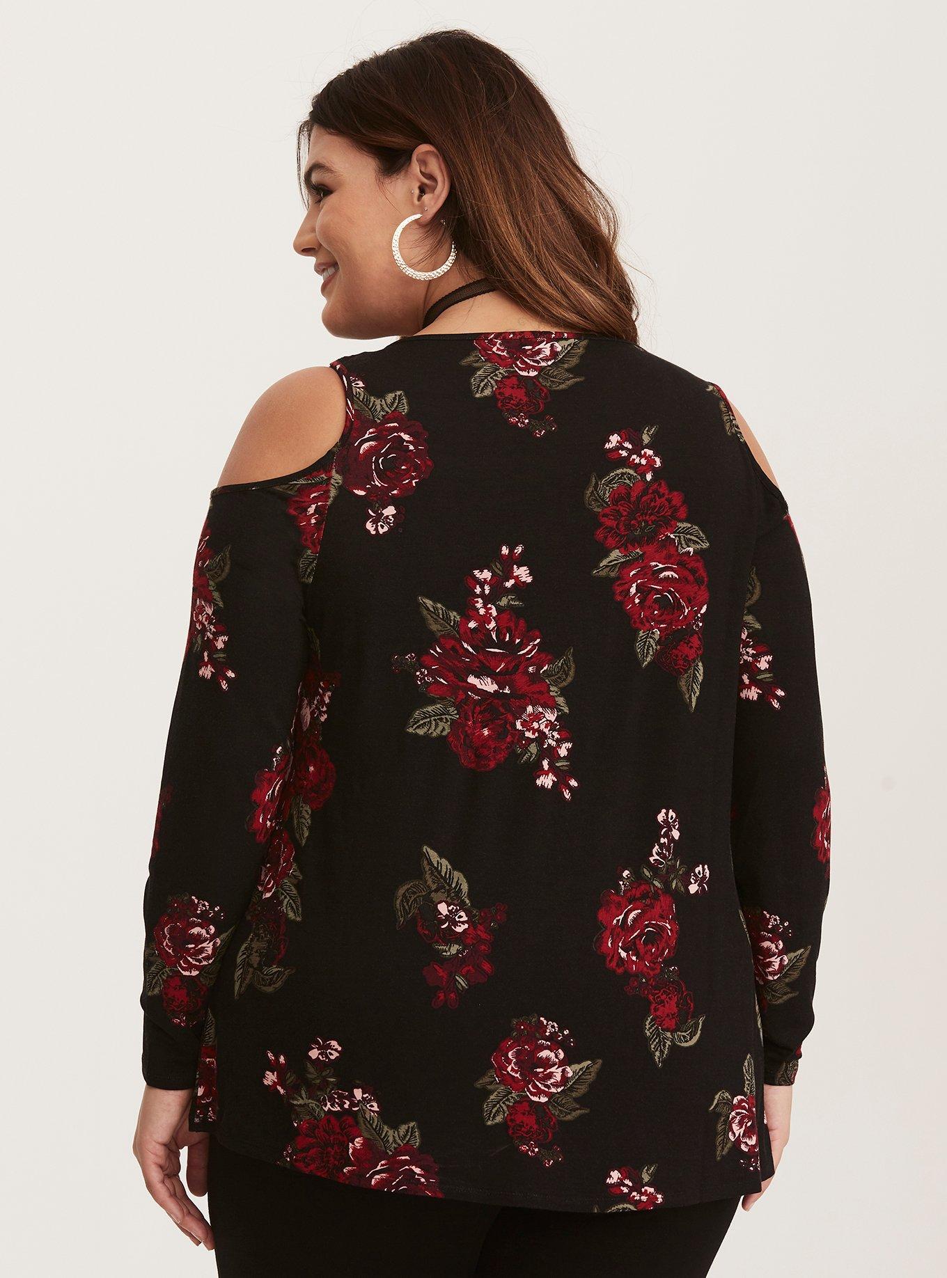 Plus Size - Floral Print Mesh Inset Cold Shoulder Top - Torrid