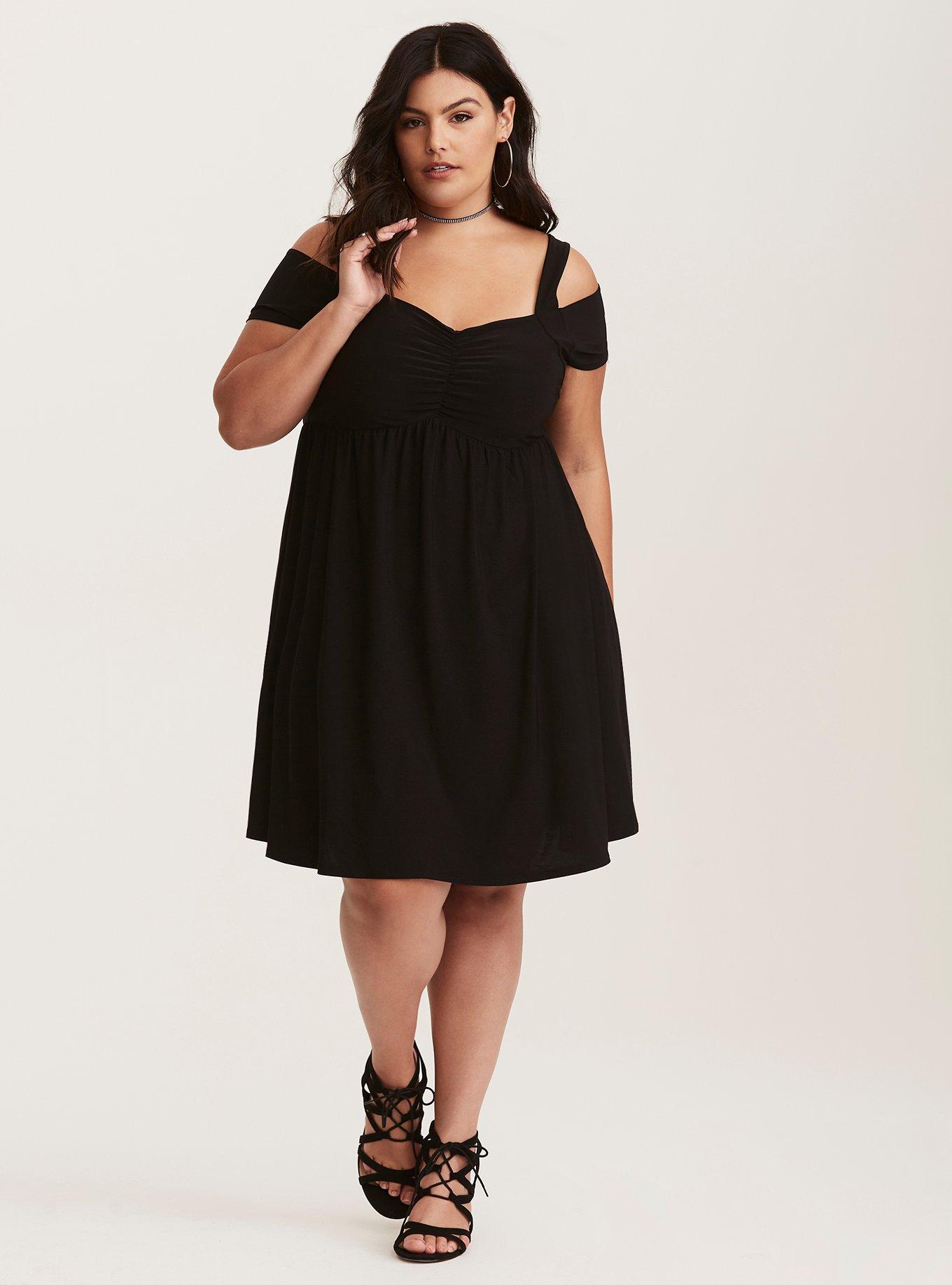 Plus Size - Black Cinch Front Cold Shoulder Babydoll Dress - Torrid