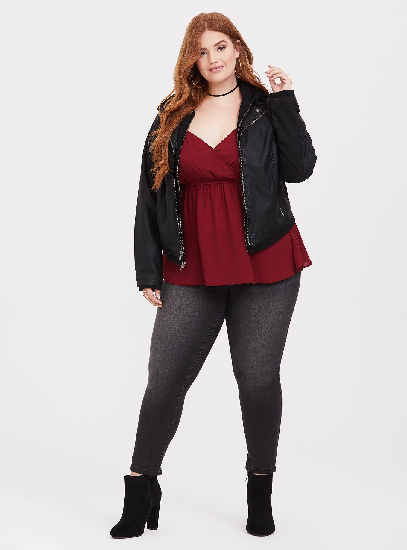 Faux Leather Knit Hood Moto Jacket, DEEP BLACK, alternate