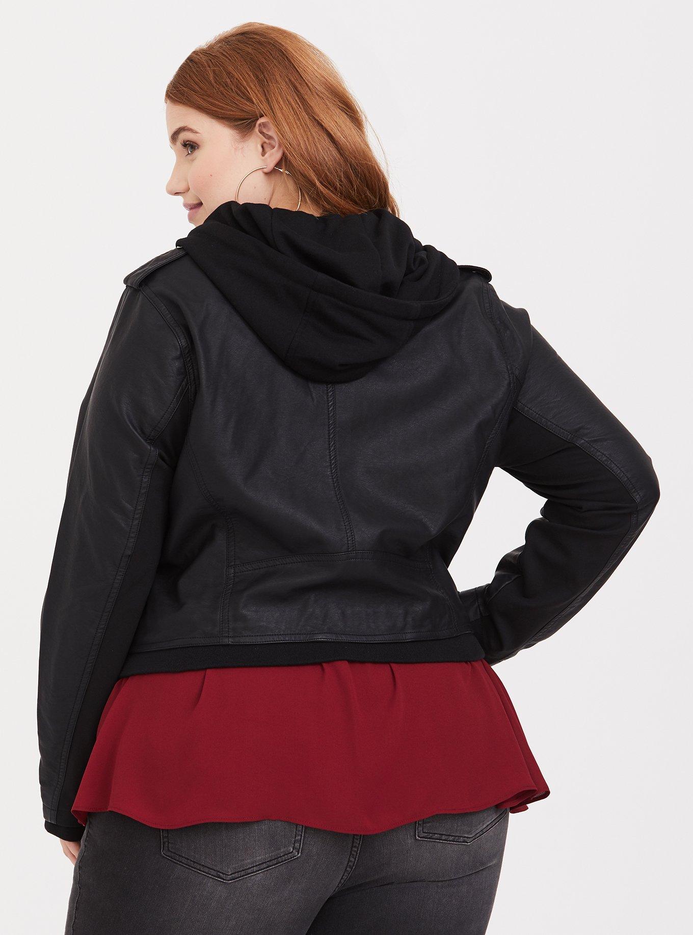 Faux Leather Knit Hood Moto Jacket, DEEP BLACK, alternate