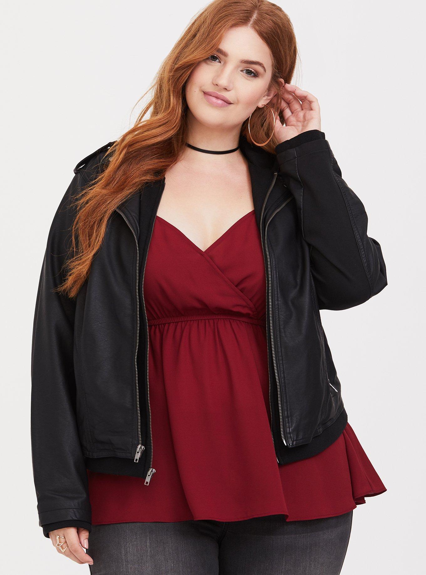 Faux Leather Knit Hood Moto Jacket, DEEP BLACK, alternate