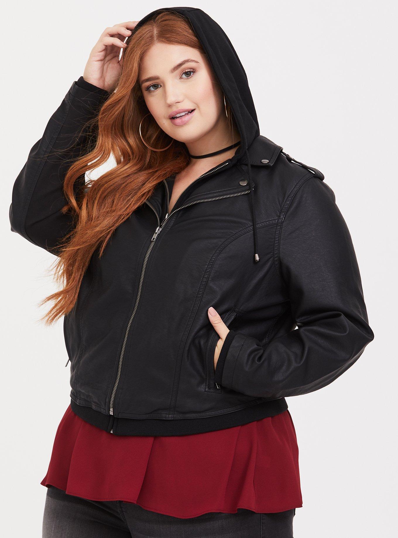 Plus Size Faux Leather Knit Hood Moto Jacket Torrid