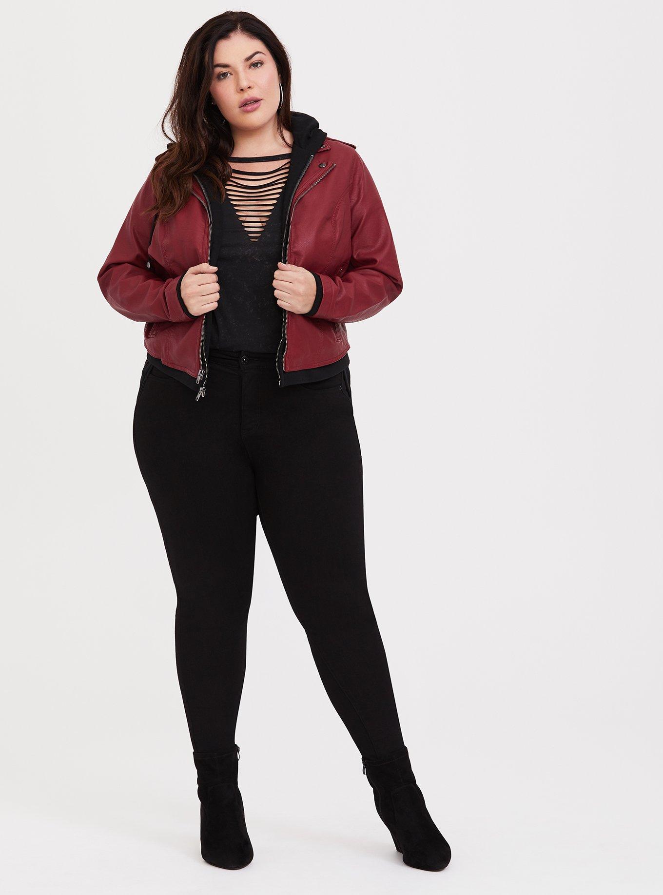 Plus Size - Faux Leather Knit Hood Moto Jacket - Torrid
