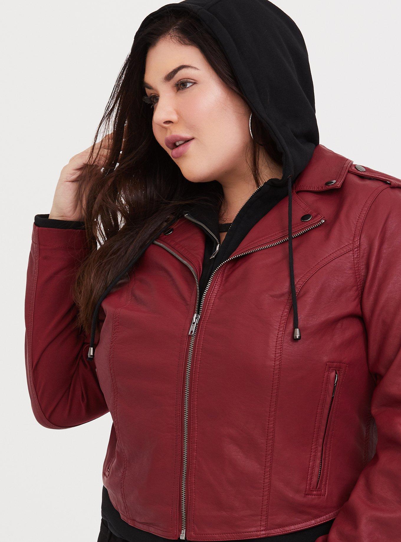 Plus size leather jacket with hood best sale