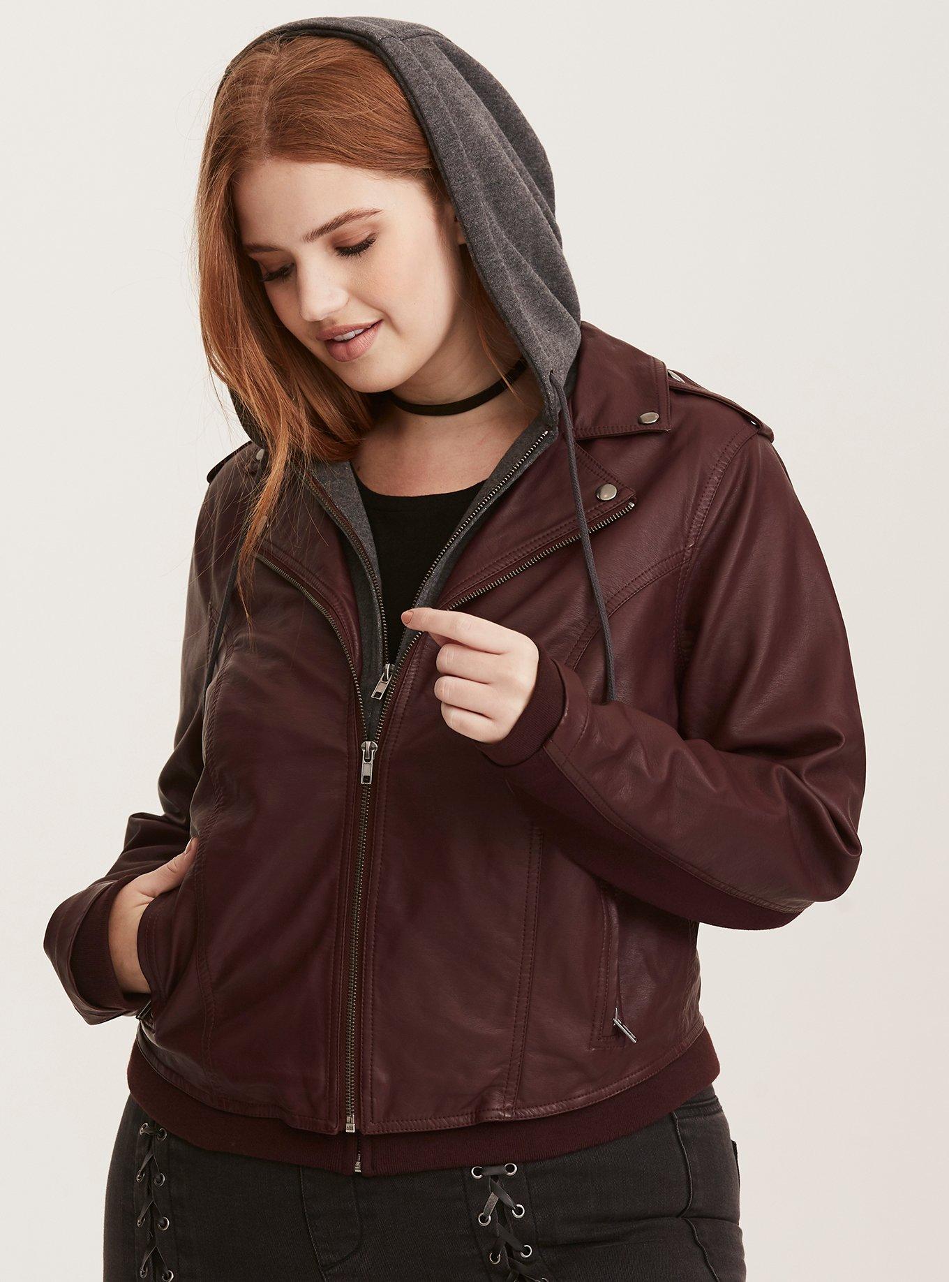 Plus Size Faux Leather Knit Hood Moto Jacket Torrid