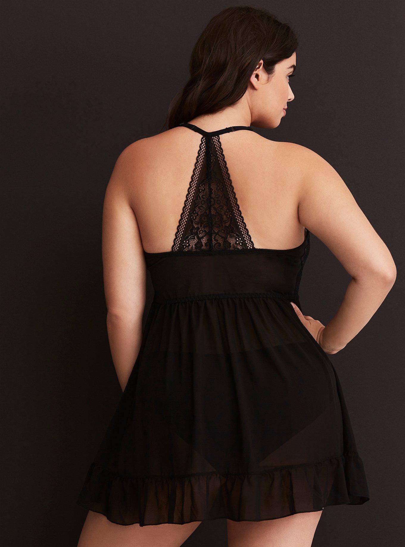 Plus Size Mixed Lace & Mesh High Neck Babydoll, RICH BLACK, alternate