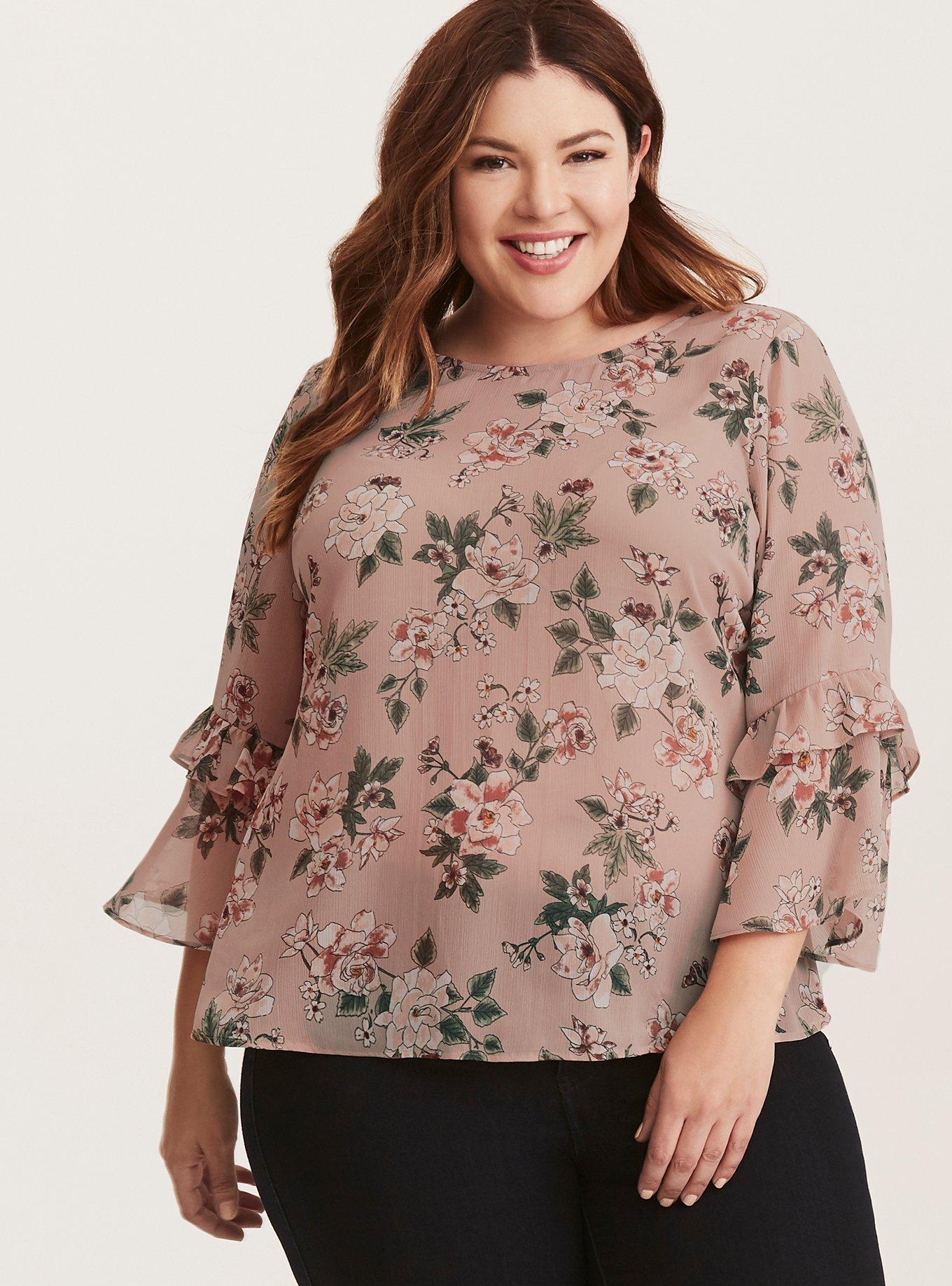 Plus Size - Floral Print Chiffon Ruffle Bell Sleeve Strappy Blouse - Torrid