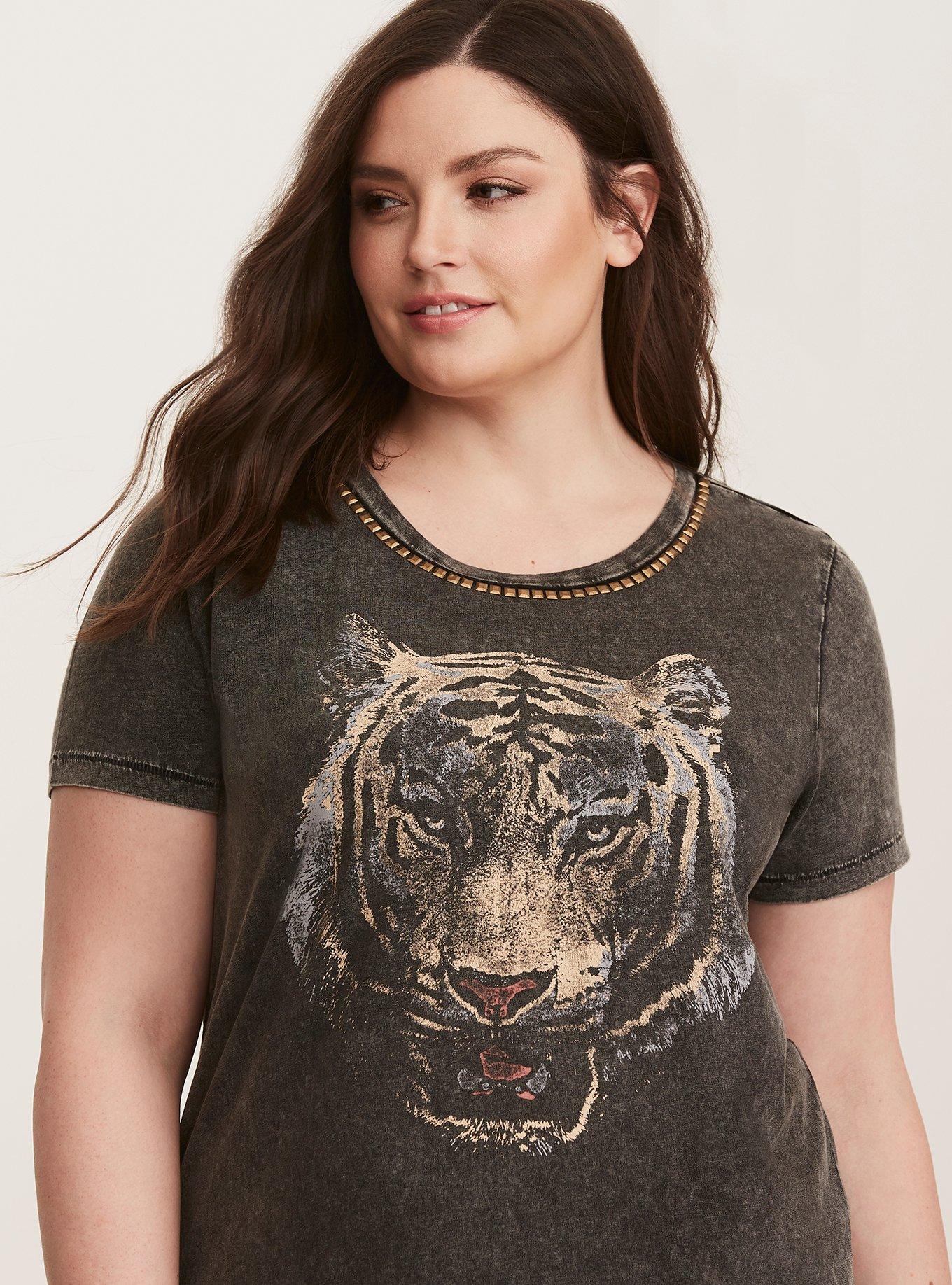 Plus Size Embellished Mineral Wash Knit Tiger Tunic Tee, NONEC, alternate