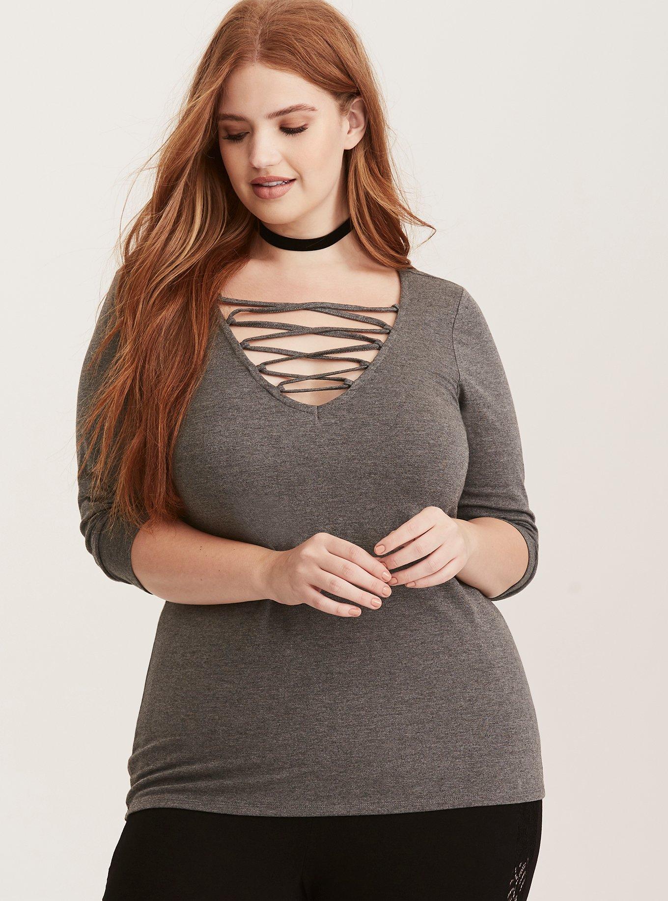 Plus Size - Deep V Lace Up Top - Torrid