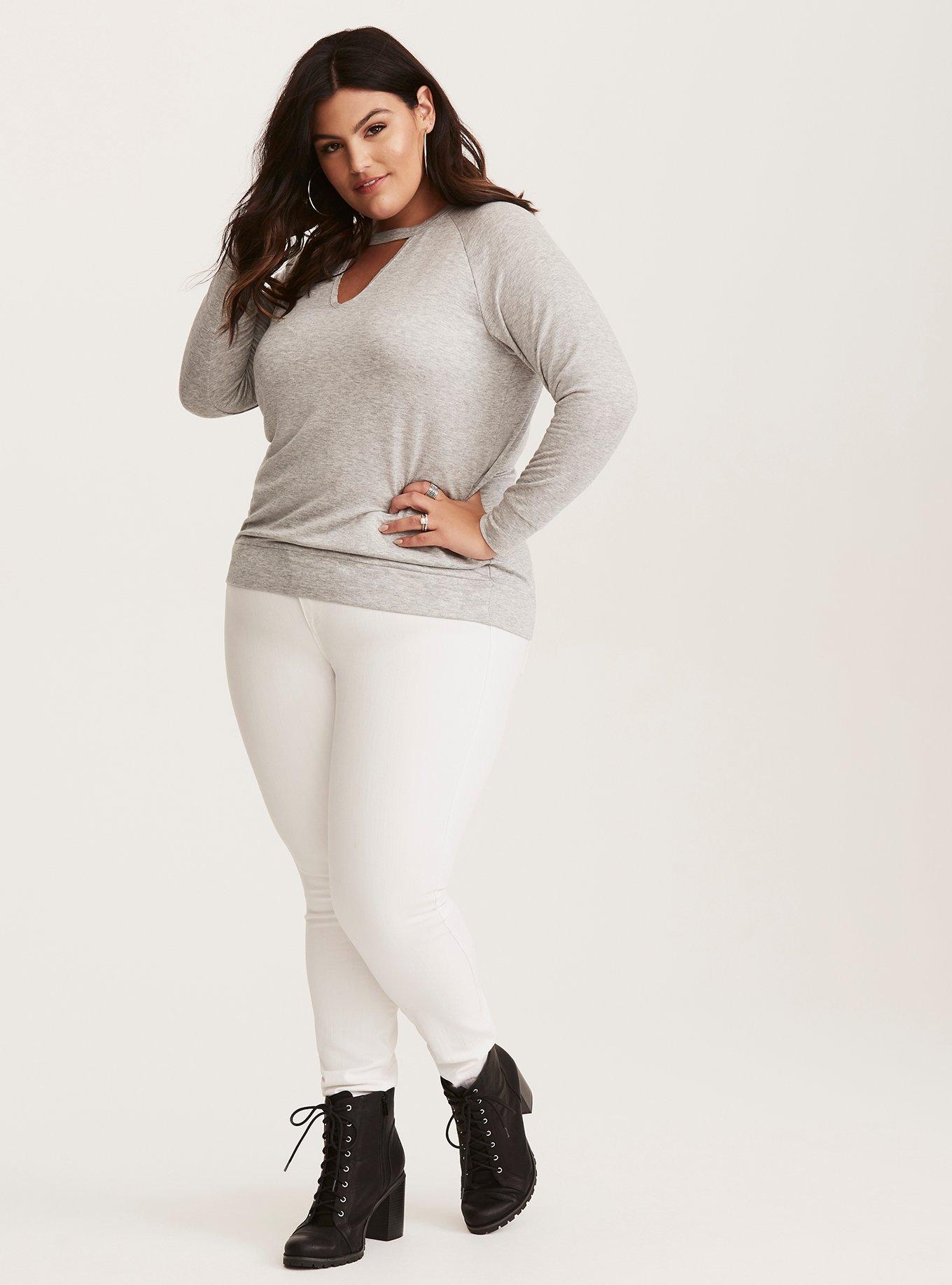 Plus Size Knit Choker Neck Raglan Sweatshirt, HEATHER GREY, alternate