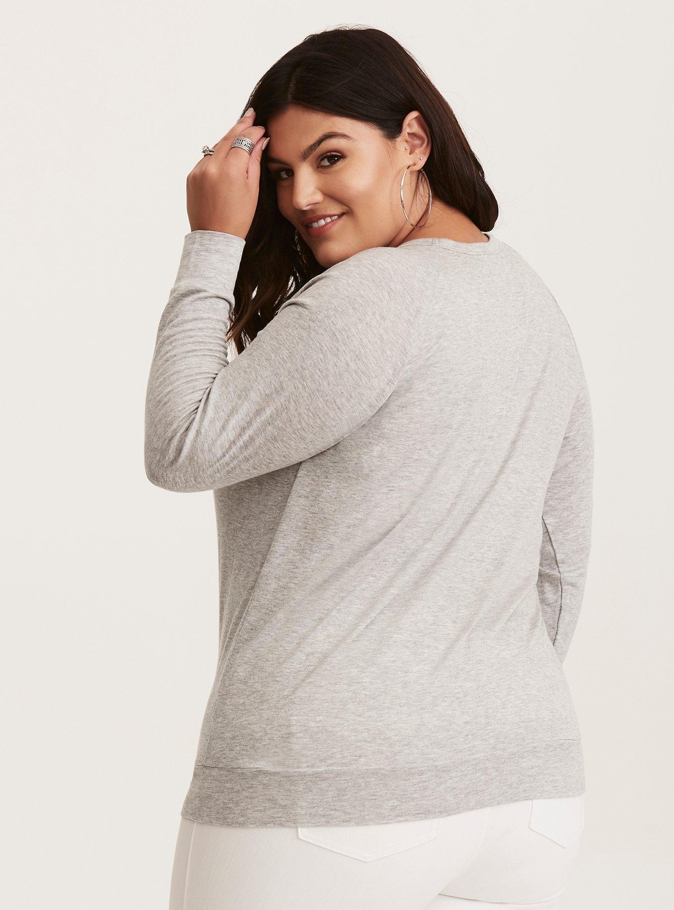 Plus Size Knit Choker Neck Raglan Sweatshirt, HEATHER GREY, alternate