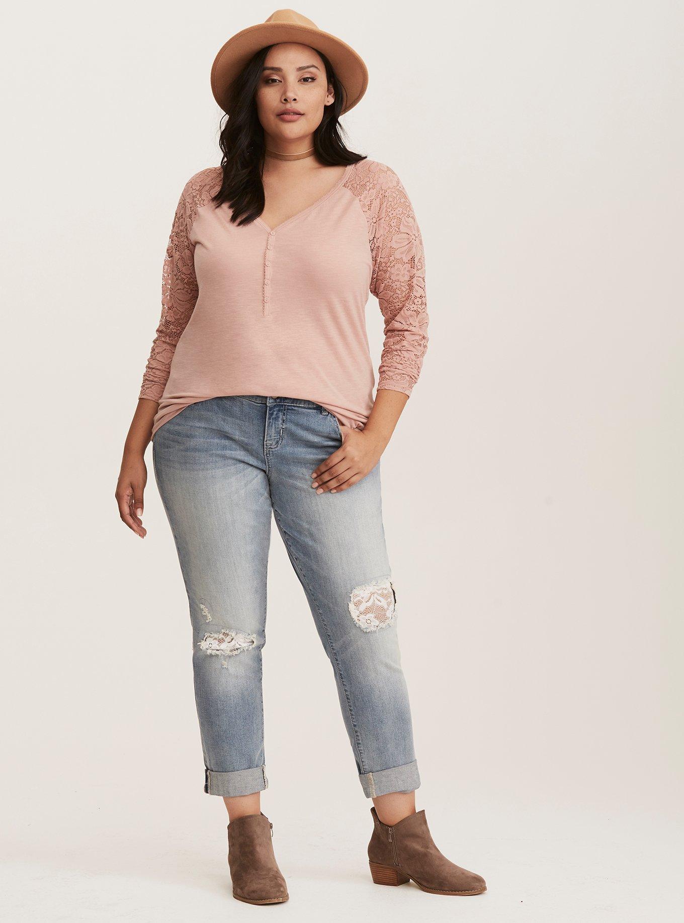 Lace Inset Boyfriend Jean - Distressed Light Wash, INDIGO, alternate
