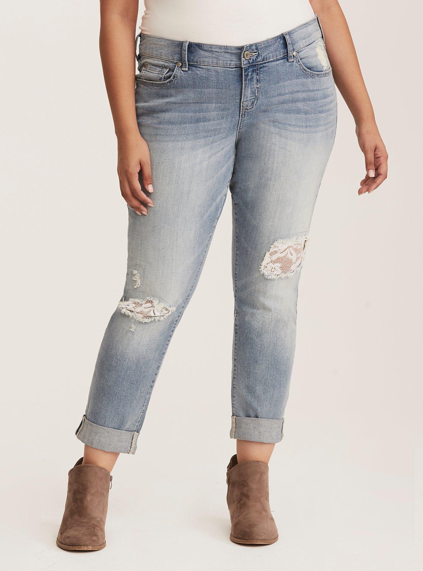 Lace Inset Boyfriend Jean - Distressed Light Wash, INDIGO, hi-res