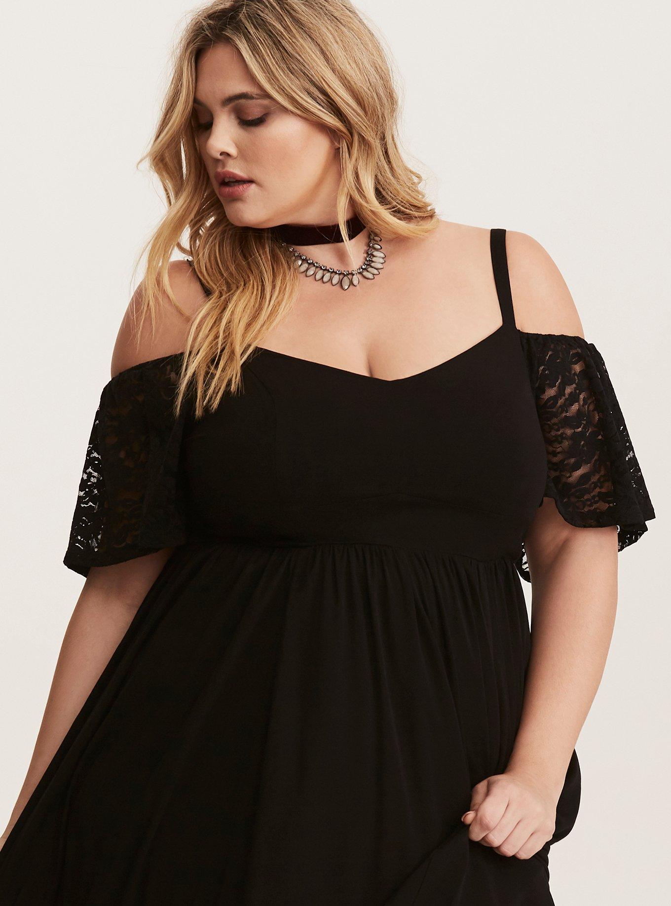 Black Challis Lace Sleeve Hi-Lo Dress, DEEP BLACK, alternate