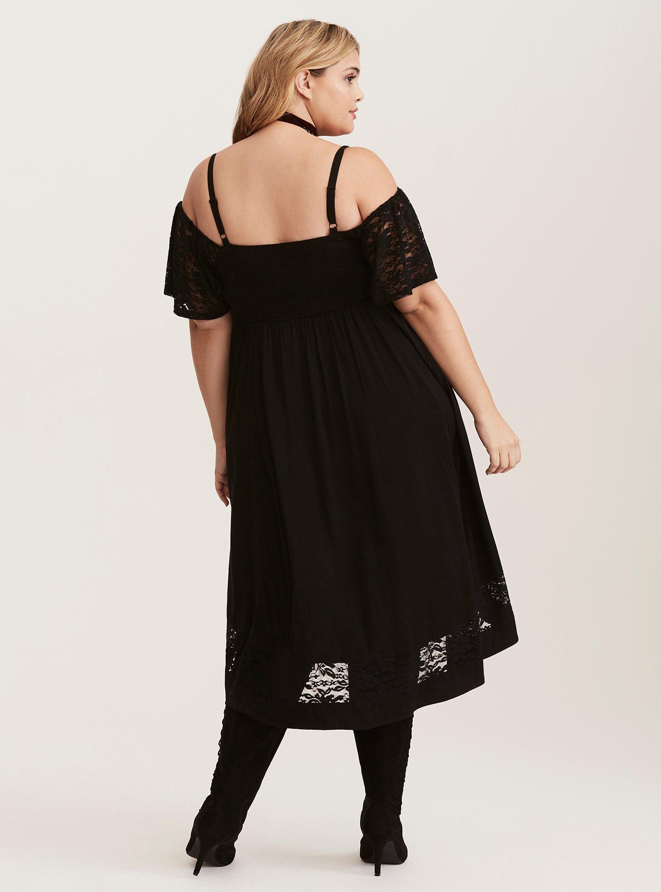 Black Challis Lace Sleeve Hi-Lo Dress, DEEP BLACK, alternate