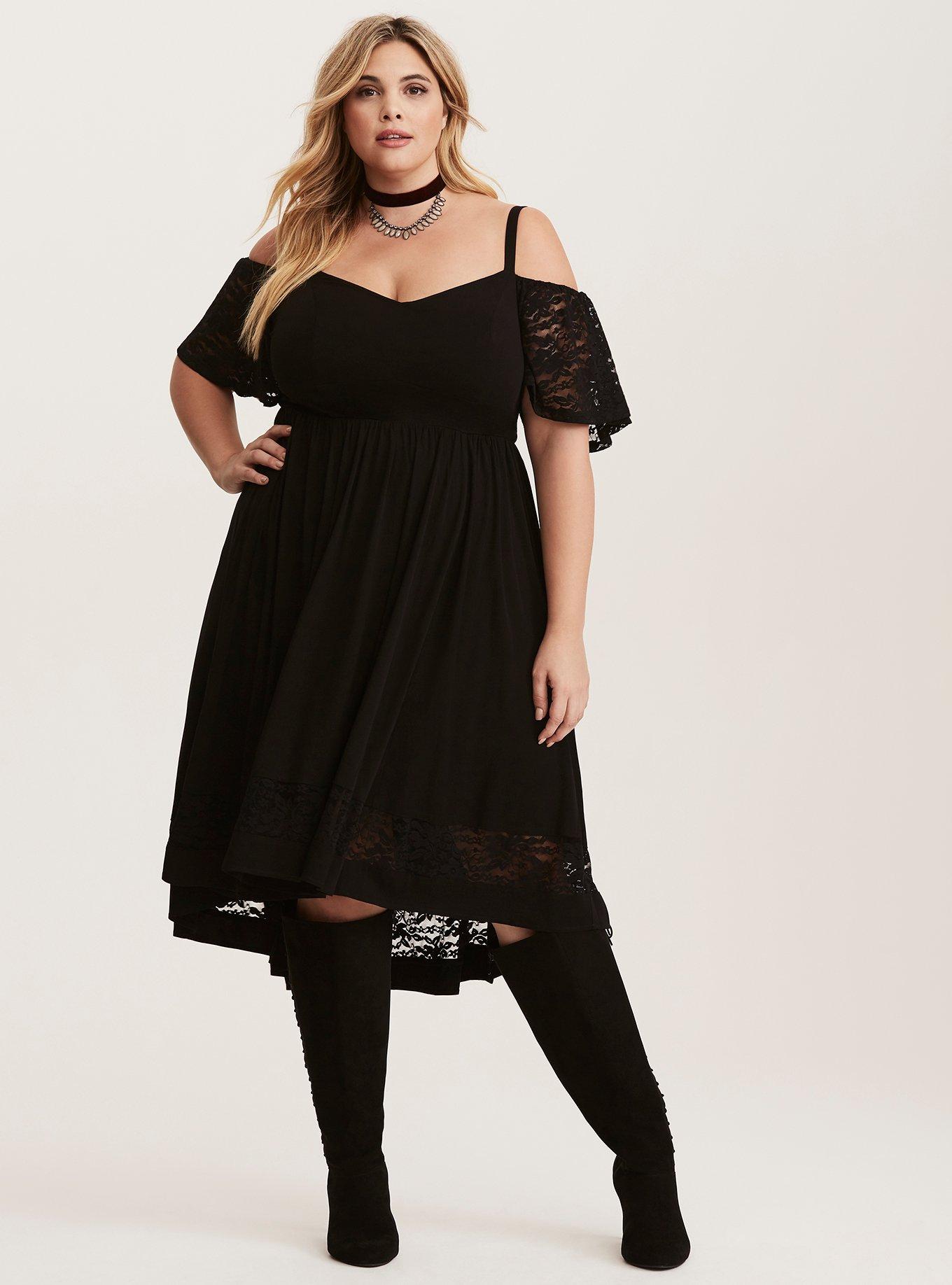 Black Challis Lace Sleeve Hi-Lo Dress, DEEP BLACK, alternate