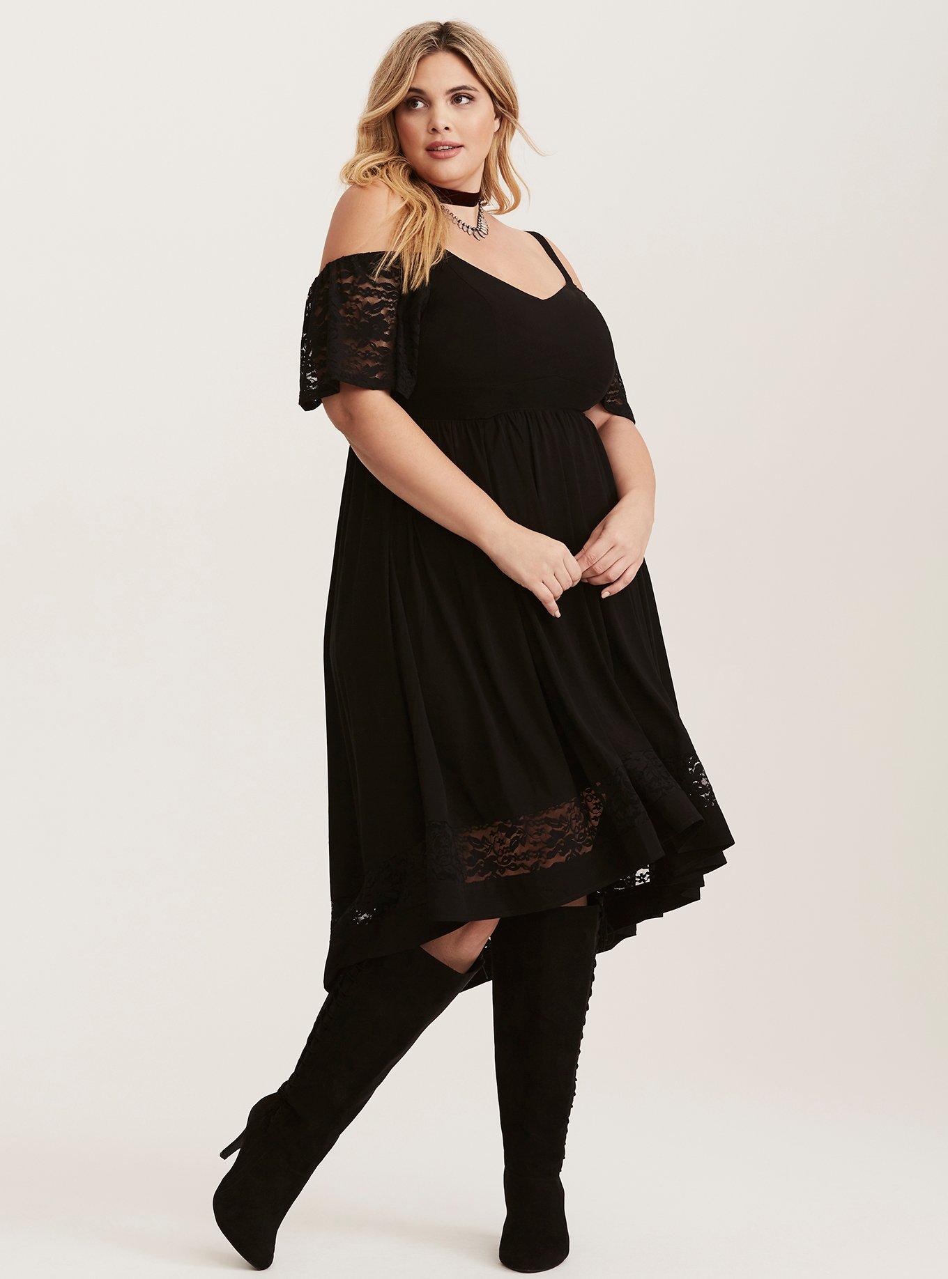 Black Challis Lace Sleeve Hi-Lo Dress, DEEP BLACK, hi-res