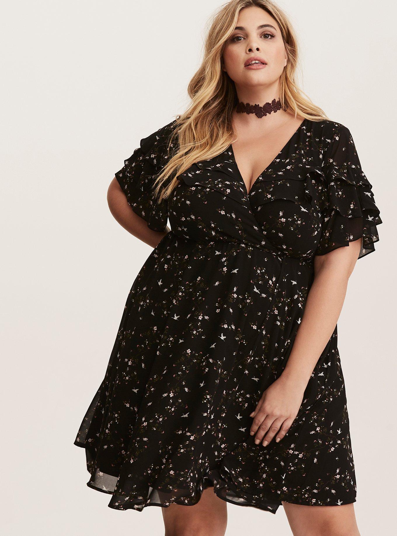 Plus Size - Black Floral Print Chiffon Ruffled Wrap Dress - Torrid