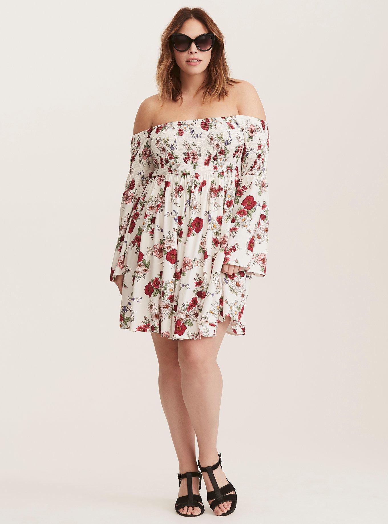 Plus Size White Floral Smocked Off the Shoulder Dress Torrid newest