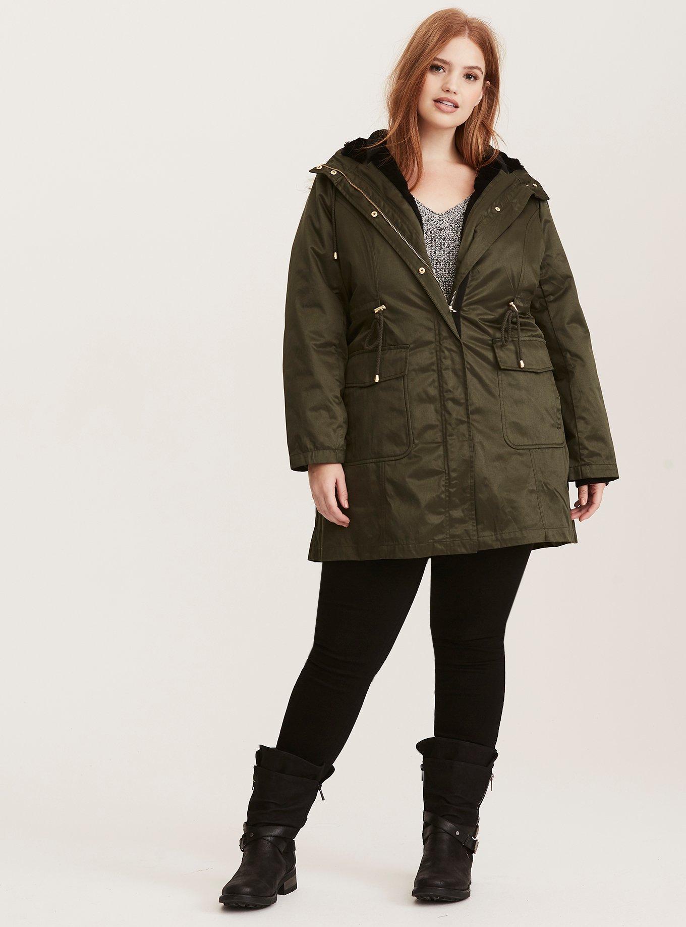 Plus Size - Nylon Faux Fur Trim Convertible Outerwear Coat