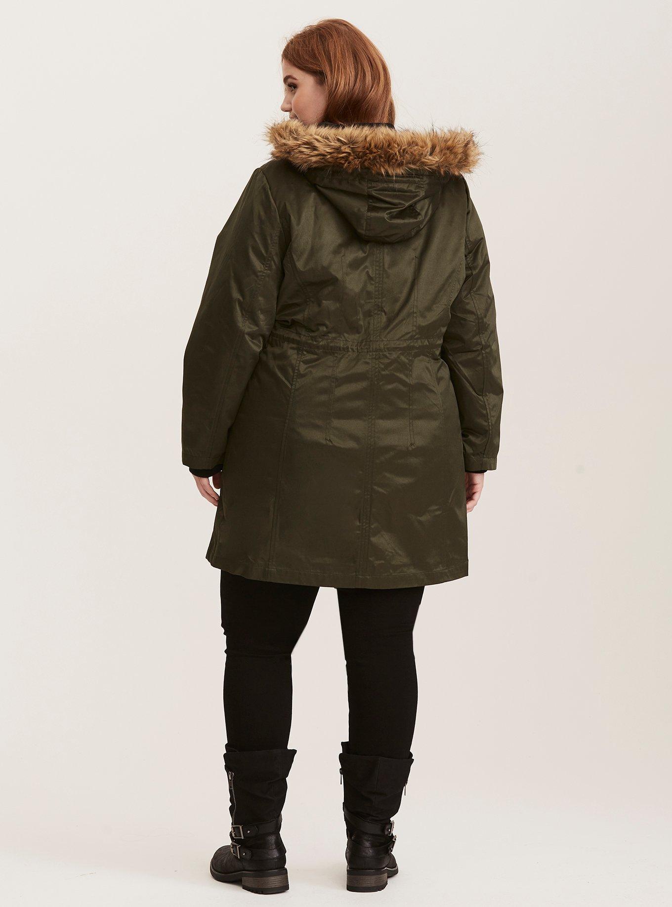 Plus Size - Nylon Faux Fur Trim Convertible Outerwear Coat