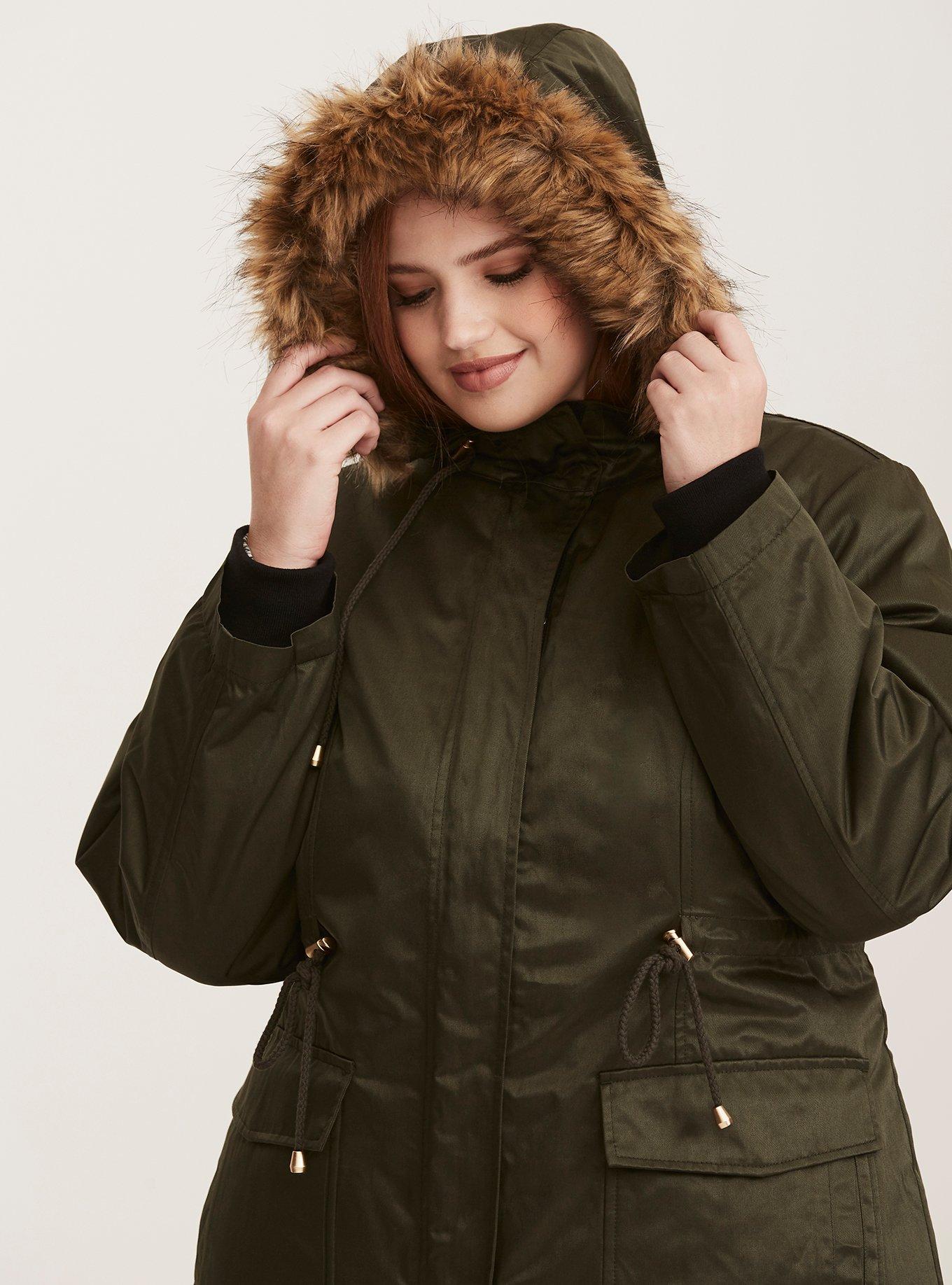 Plus Size - Nylon Faux Fur Trim Convertible Outerwear Coat - Torrid