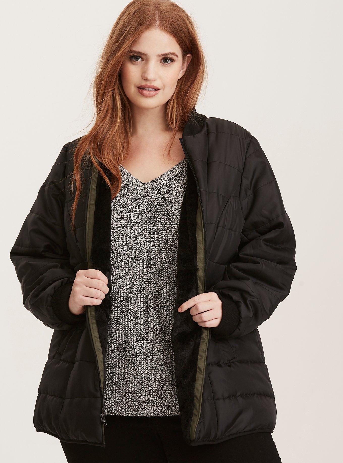 Plus Size - Nylon Faux Fur Trim Convertible Outerwear Coat