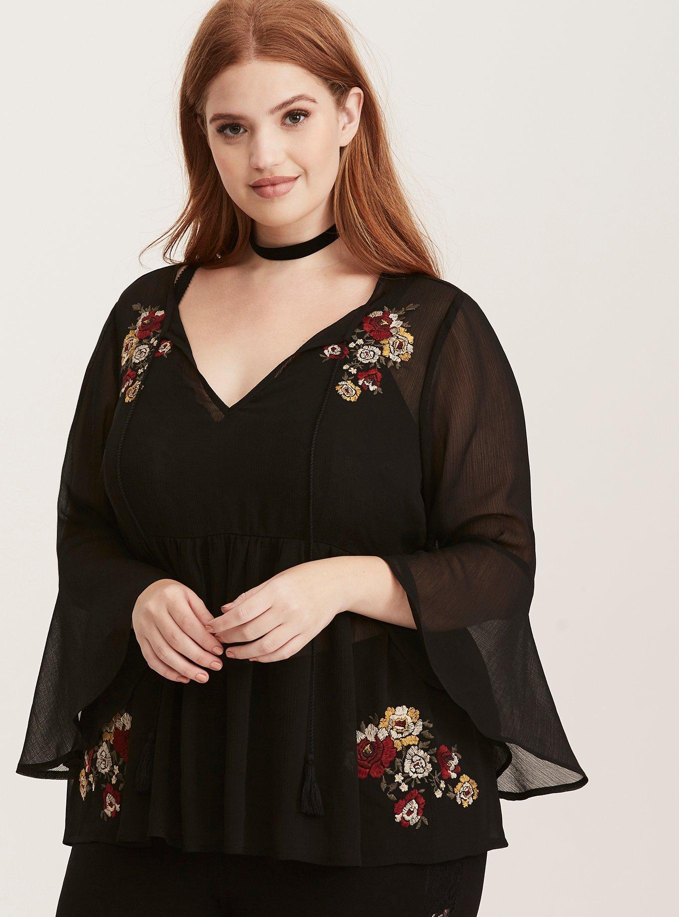Plus Size - Embroidered Chiffon Bell Sleeve Blouse - Torrid