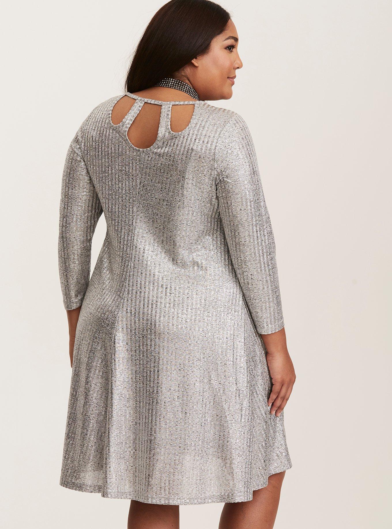 Plus Size - Silver Metallic Shimmer Ribbed Knit Trapeze Dress - Torrid
