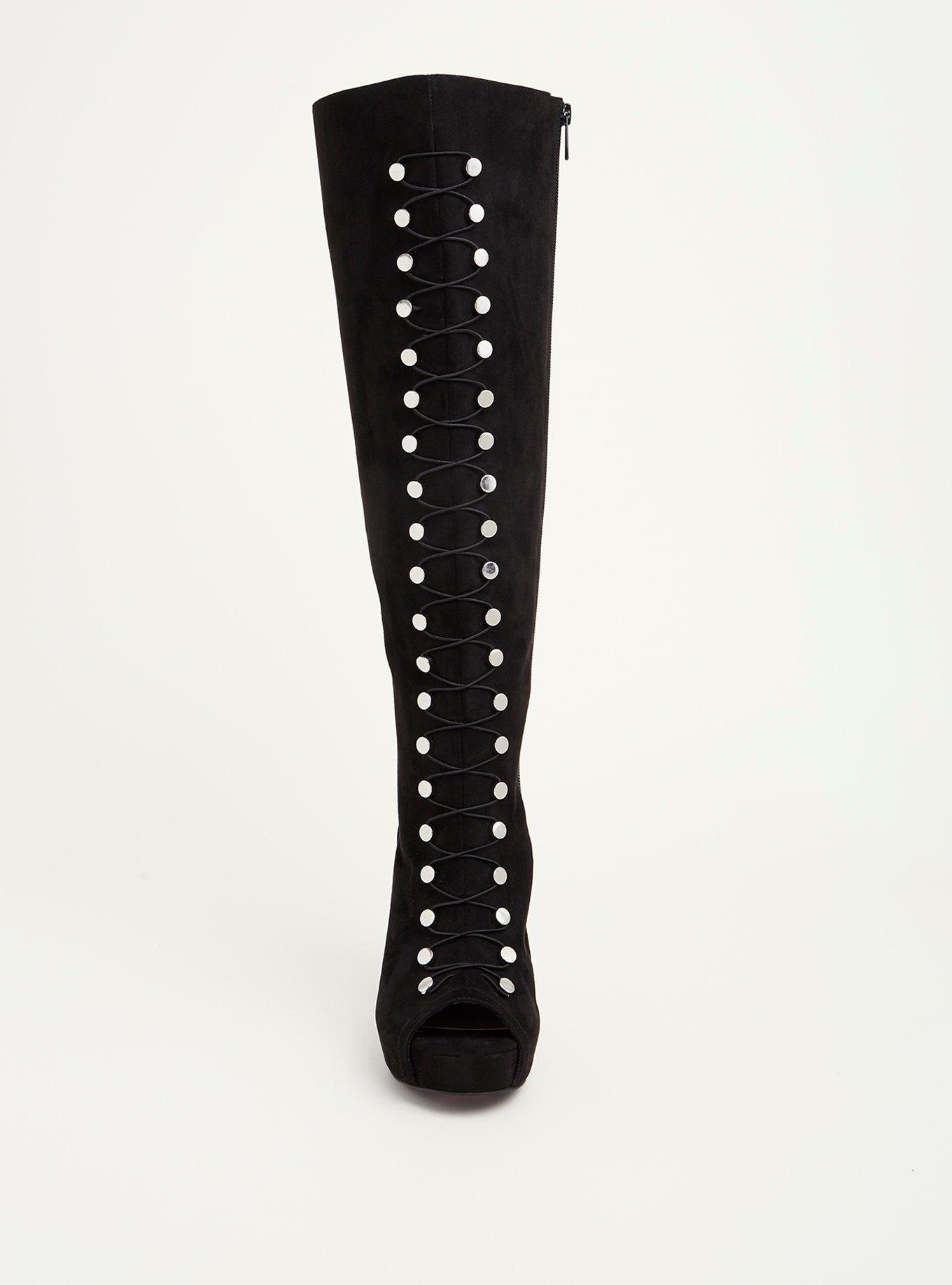 Plus Size - Lace Up Stud Peep Toe Heel Knee-High Boots (Wide Width 